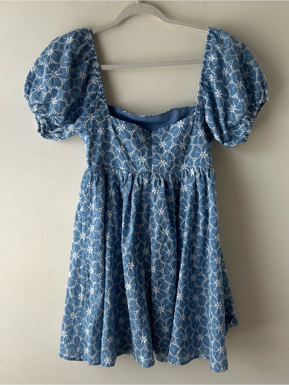 Lulus Fit to Frolic Blue Eyelet Lace Puff Sleeve Mini Babydoll Dress Blue XS - Picture 6 of 7
